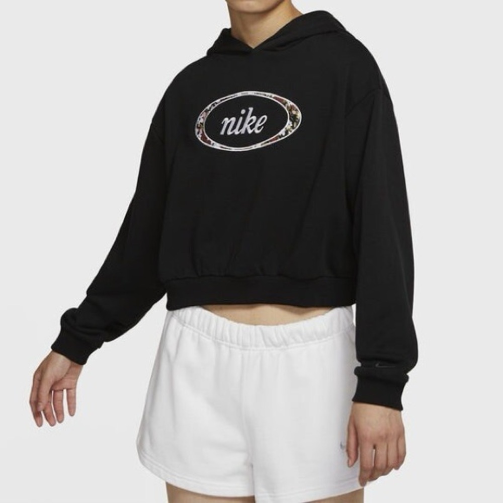 Nike Black Cropped Hoodie with Floral Logo Accent